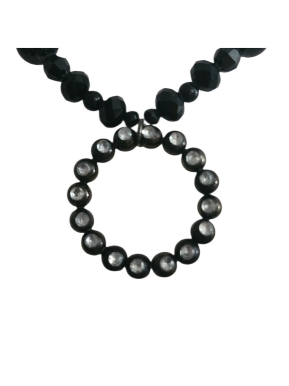 Black Beaded Necklace Rhinestone Pendant Circular